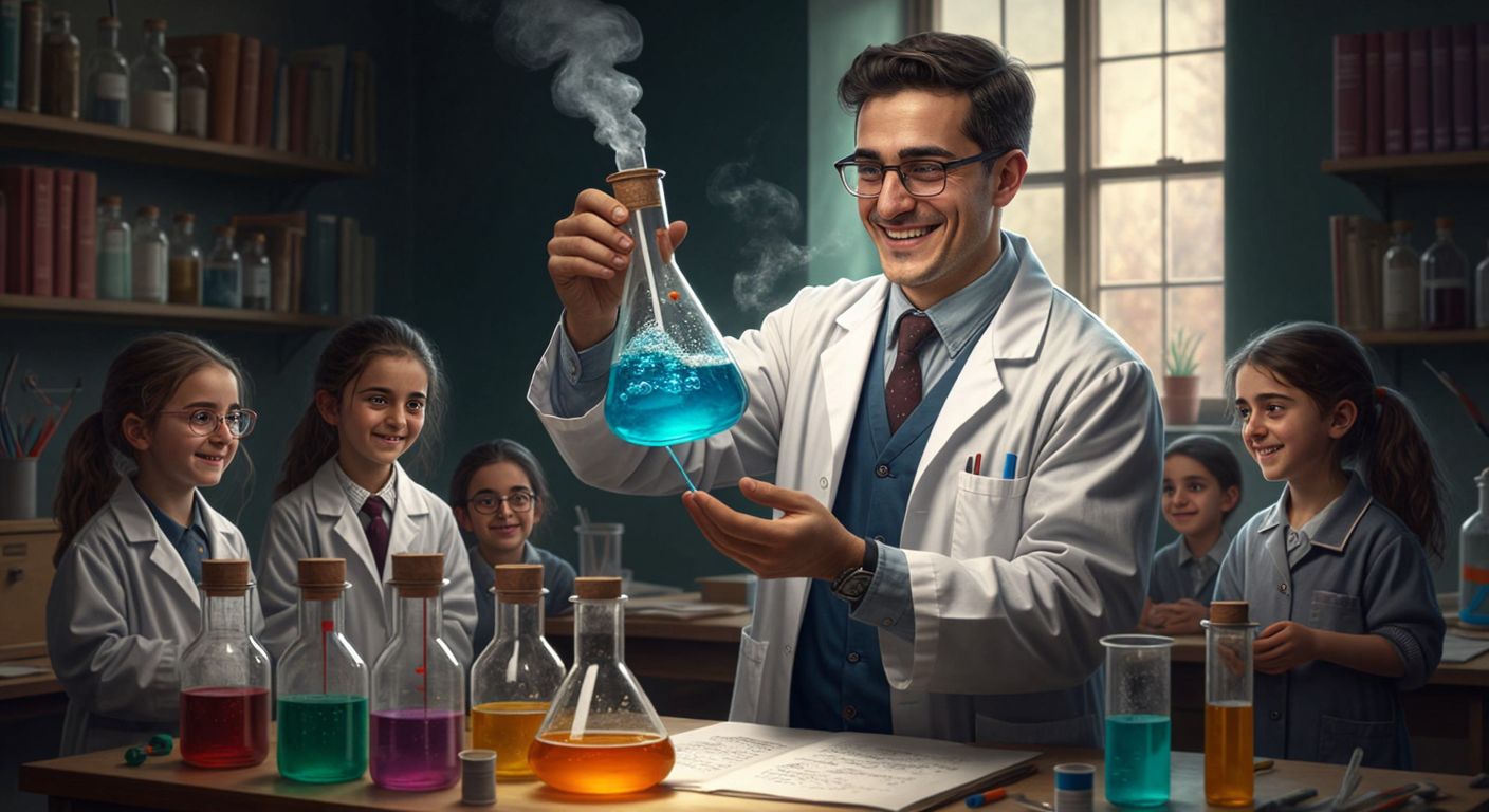 A Turkish chemistry teacher in a lab coat holds a glass flask with a bubbling blue liquid, smiling as students in a classroom watch with curiosity, surrounded by colorful test tubes and a Bunsen burner.