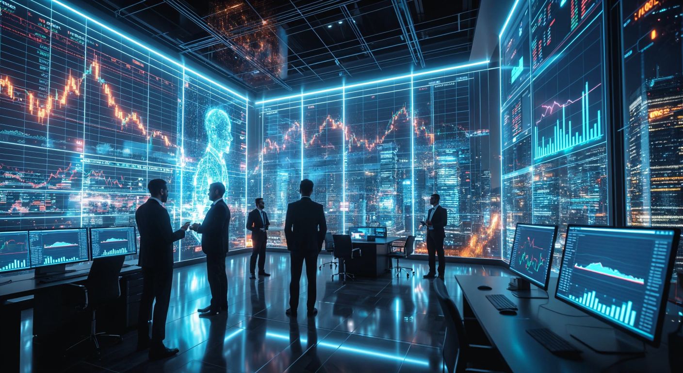 A futuristic digital trading floor with glowing charts and graphs floating in the air, surrounded by focused traders in sleek suits analyzing data on transparent screens, symbolizing high-stakes crypto trading.