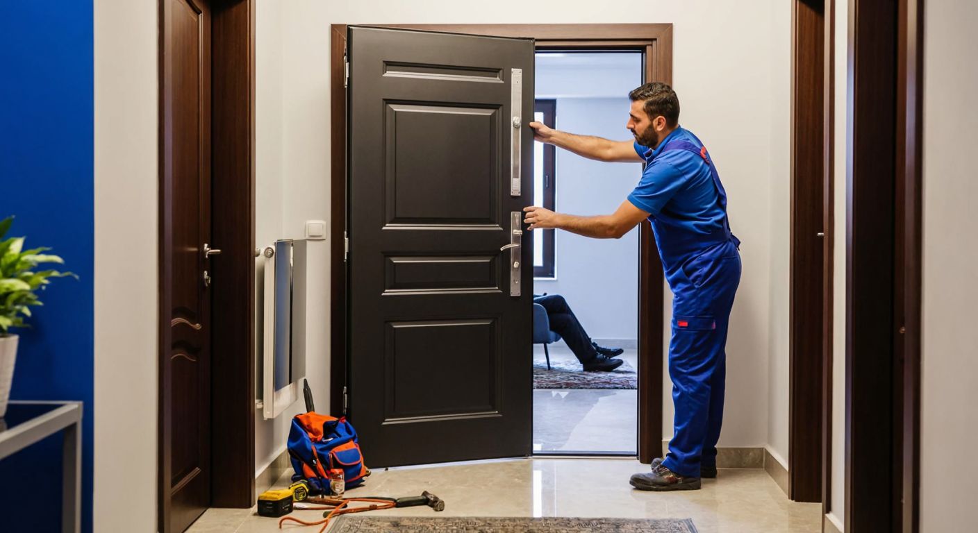 A Turkish homeowner in a modern apartment hallway watches a skilled worker in a blue uniform carefully installing a sturdy steel door, with tools scattered nearby and a sense of trust in the professional service.