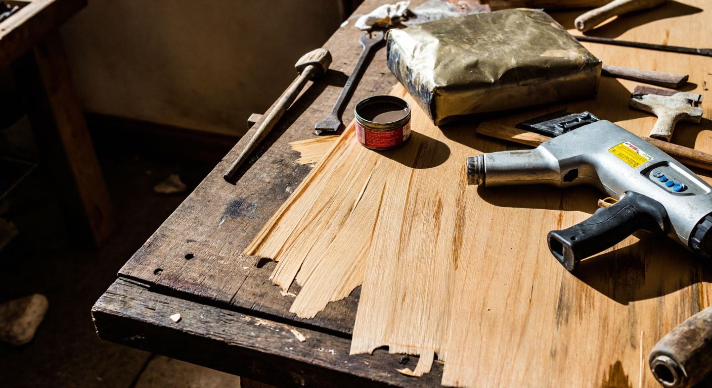A close-up of a weathered wooden surface with streaks of dried oil paint, surrounded by scattered tools—a paint scraper, a small tin of solvent, sandpaper, and a heat gun—resting on a rustic workbench in a sunlit Turkish workshop.