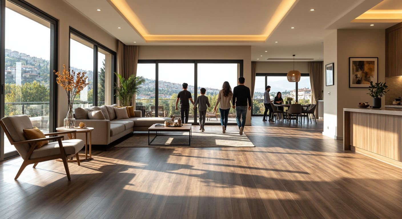 A well-lit Turkish home interior with two contrasting flooring samples—32-class laminate in a cozy living room with a family walking, and 33-class laminate in a bustling office with people moving quickly.