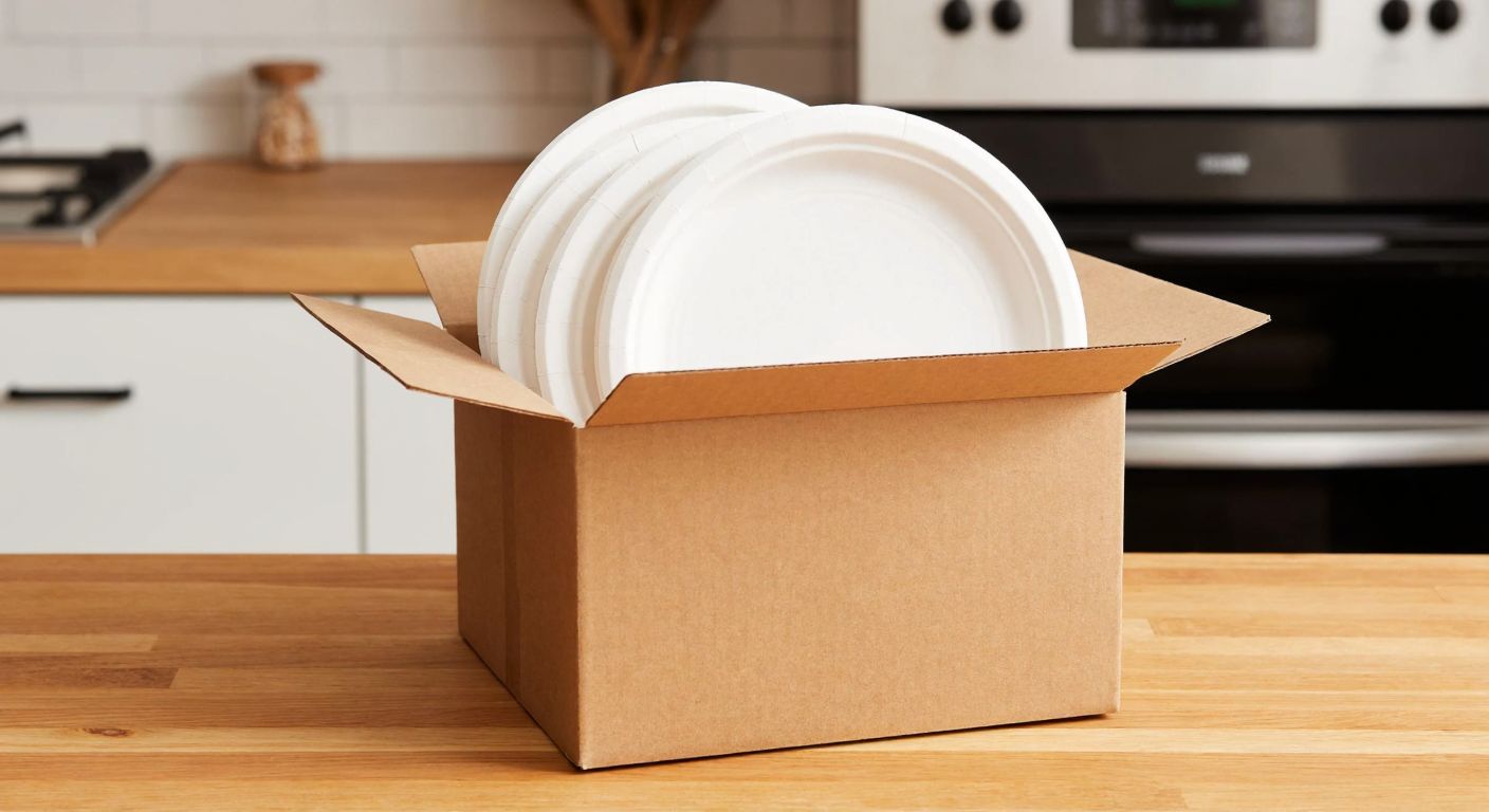 A stack of fifty white paper dessert plates neatly packed inside a simple, sturdy cardboard box, placed on a wooden kitchen counter with a warm Turkish home setting in the background.