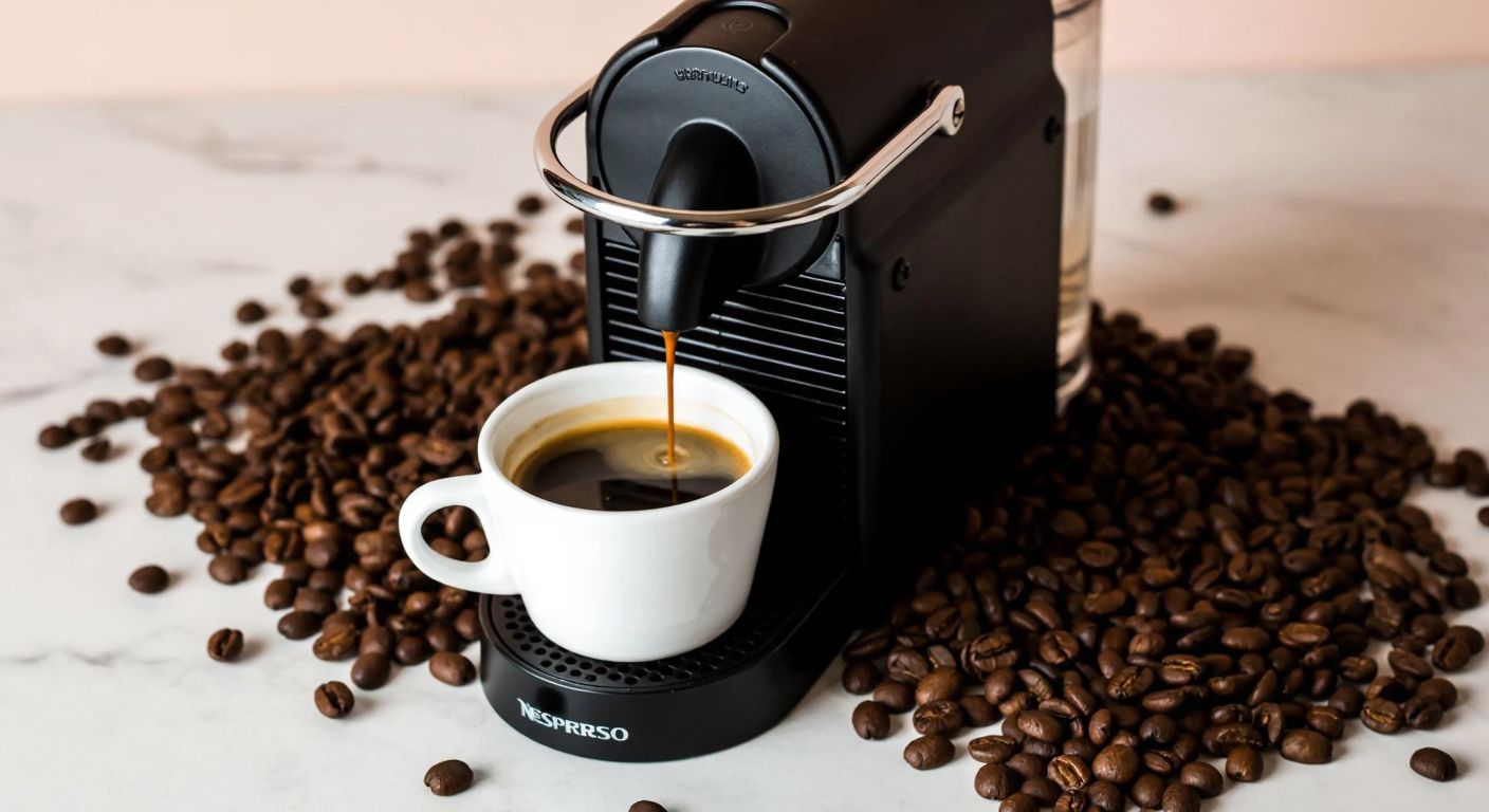 A sleek black Nespresso Pixie machine sits on a marble countertop, steaming a small white ceramic cup filled with rich, dark espresso, surrounded by scattered coffee beans.
