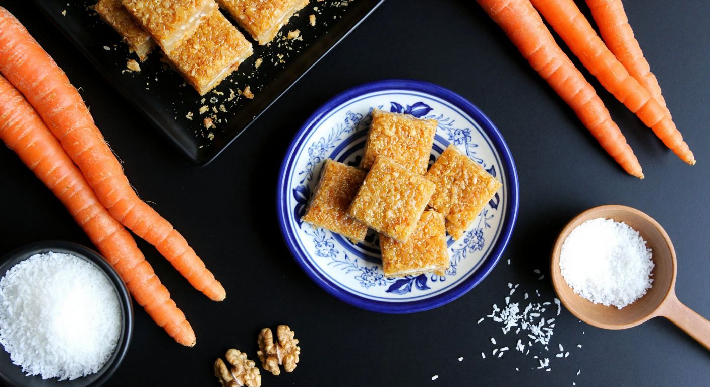 A vibrant Turkish kitchen scene with golden-brown cezerye squares on a ceramic plate, surrounded by fresh orange carrots, crushed walnuts, and a dusting of coconut flakes, evoking warmth and tradition.