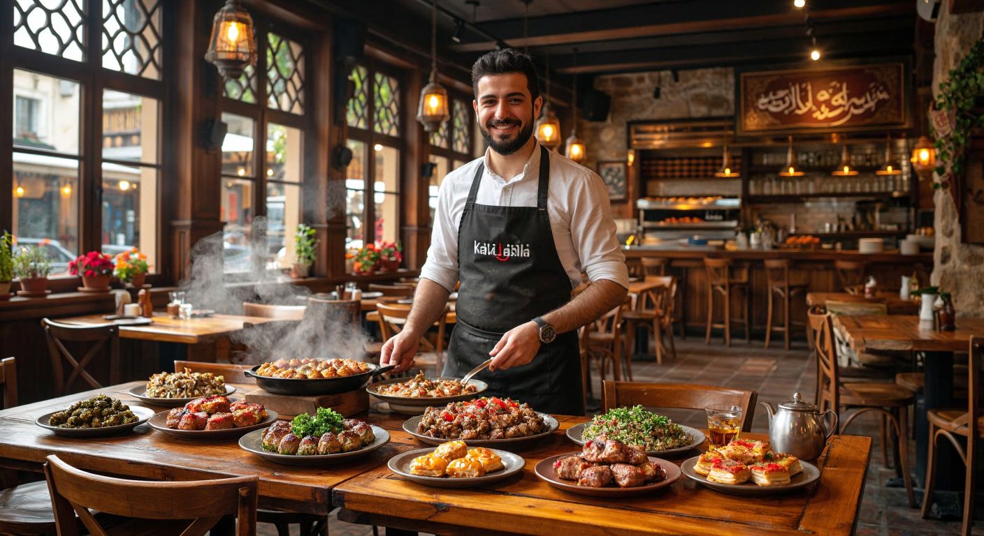 A cozy Turkish restaurant with warm lighting, wooden tables topped with steaming plates of kebabs and baklava, and a smiling waiter in a traditional apron serving tea.
