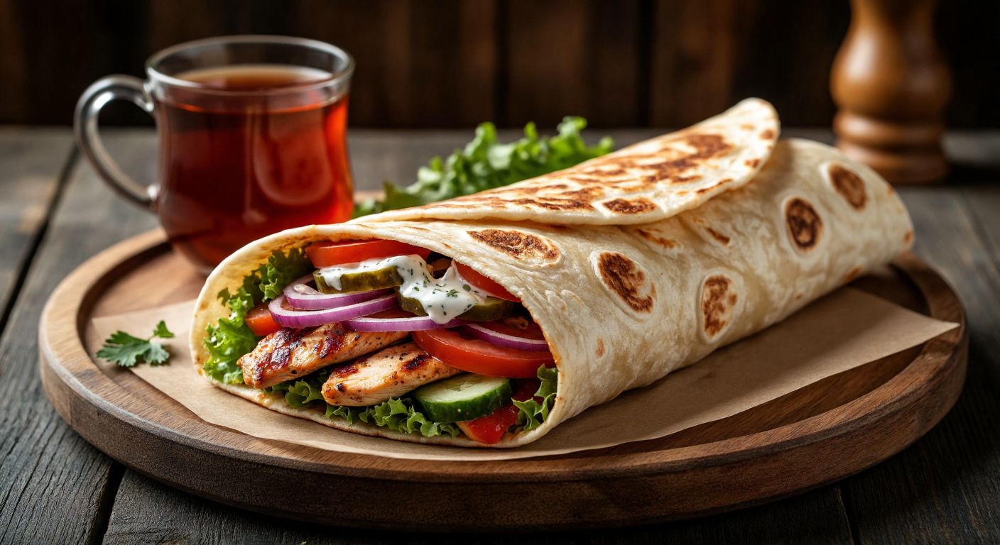 A golden-brown lavash wrap stuffed with juicy grilled chicken, fresh tomatoes, cucumbers, red onions, lettuce, pickles, and drizzled with creamy yogurt and spicy sauce, resting on a wooden tray beside a steaming cup of Turkish tea.