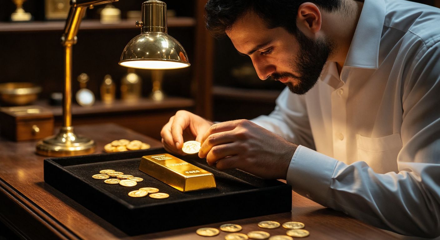 A gleaming gold bar resting on a velvet-lined tray beside a small pile of delicate gold coins, with a Turkish jeweler in a crisp white shirt carefully inspecting them under warm lamplight.