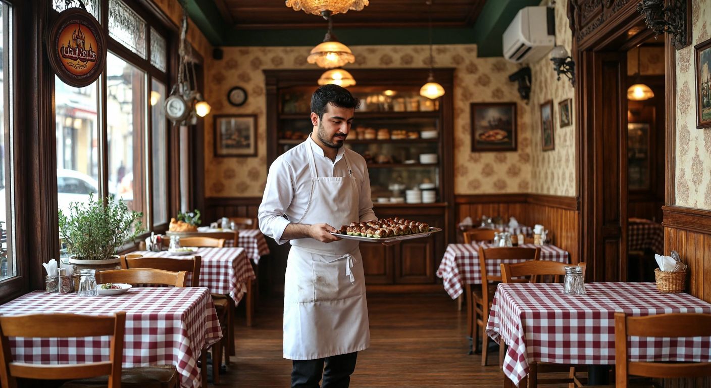 A cozy traditional Turkish lokanta with wooden tables and checkered tablecloths, where a waiter in a white apron shakes his head politely while holding a tray of steaming kebabs and baklava.