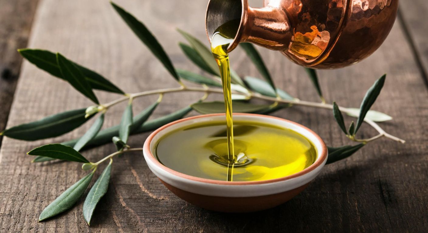 A golden-green stream of olive oil pours from a traditional Turkish copper pitcher into a small ceramic bowl, surrounded by fresh olive branches and a rustic wooden table, evoking the rich, bitter taste of high-polyphenol oil.