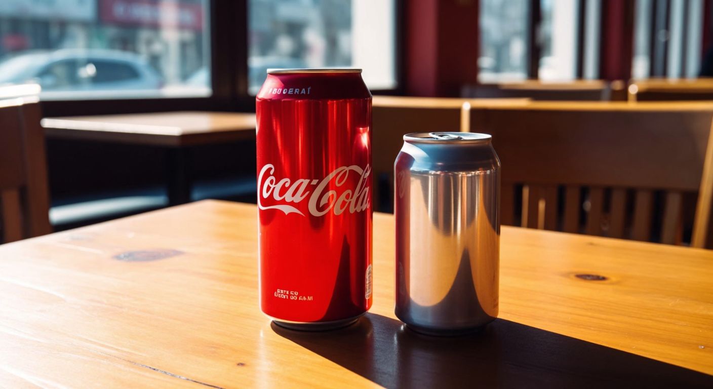 A sleek, modern aluminum Coca-Cola can with a red label sits on a sunlit wooden table in a Turkish café, contrasting with an older, shorter, and stubbier can beside it.
