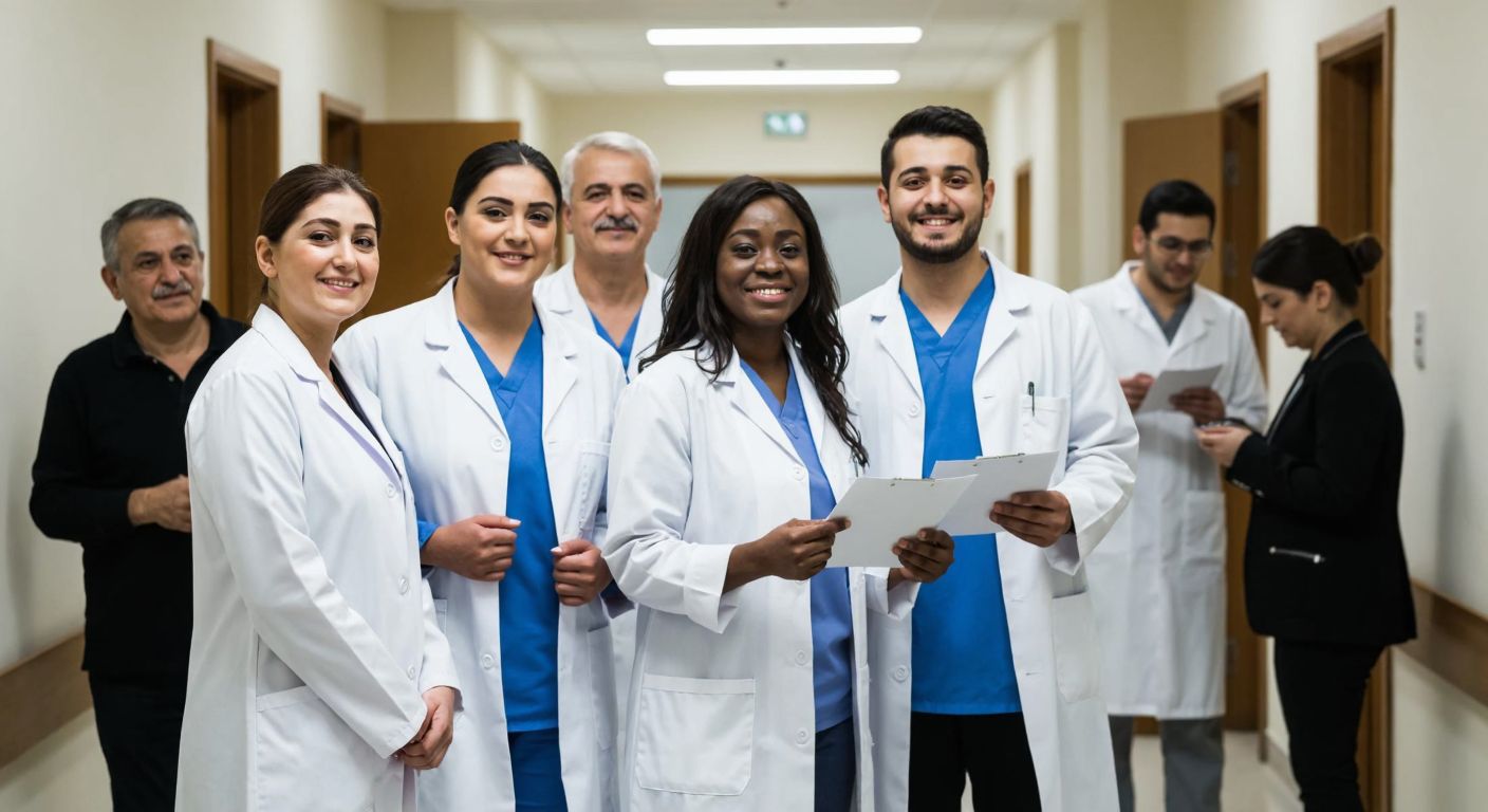 A group of diverse healthcare workers in white coats standing in a Turkish hospital corridor, smiling warmly while holding official documents, with an elderly retired person in the background receiving a payment envelope.
