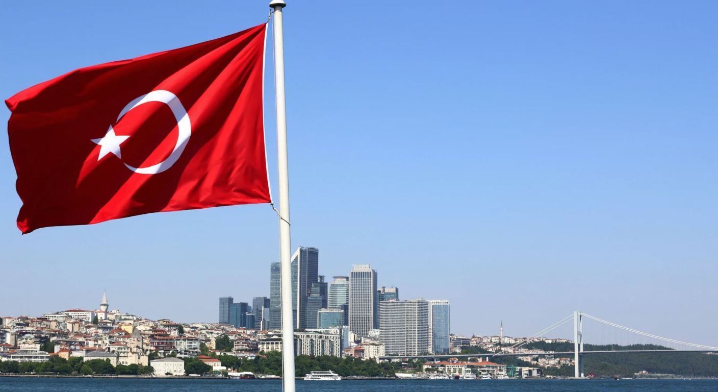 A proud Turkish flag waves against a clear blue sky, with modern Istanbul skyscrapers and the Bosphorus Bridge in the background, symbolizing Turkey's geopolitical significance and democratic identity.