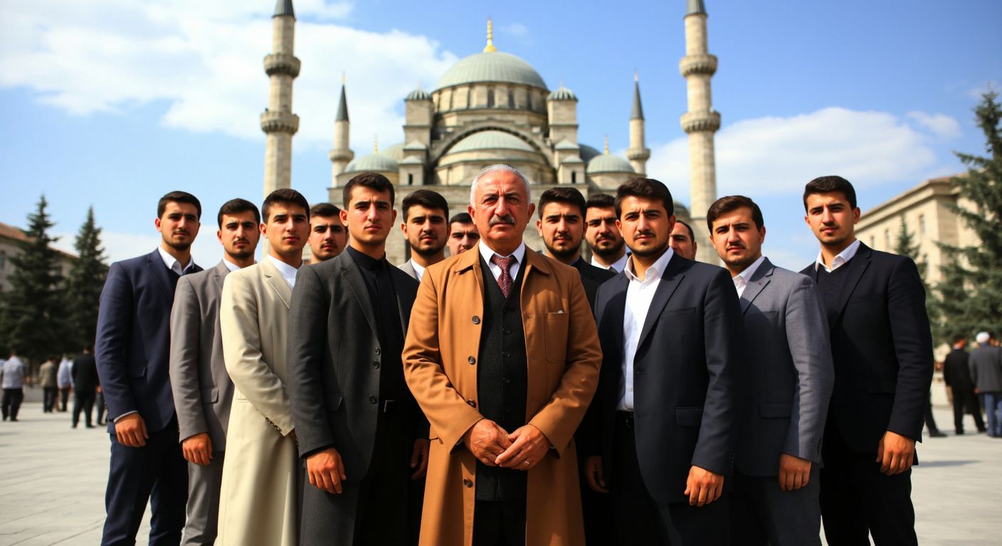 A group of determined young Turkish men in modest traditional attire standing proudly in front of a historic building, symbolizing the founding of the Milli Gençlik Vakfı under Necmettin Erbakan's leadership.
