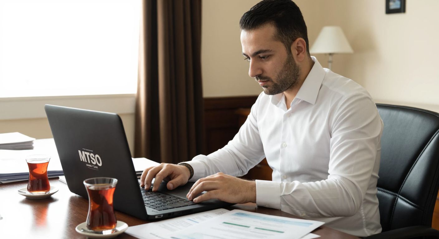 A focused Turkish businessman in a crisp white shirt sits at a wooden desk in Malatya, typing on a laptop with the MTSO website open, surrounded by paperwork and a steaming cup of Turkish tea.