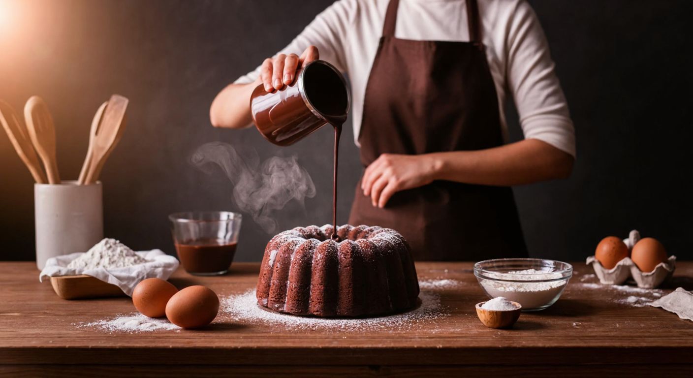 A warm, steamy kitchen scene with a Turkish woman in an apron carefully pouring chocolate sauce over a fluffy, cocoa-dusted cake in a glass bowl, surrounded by scattered ingredients like eggs, flour, and sugar on a wooden counter.