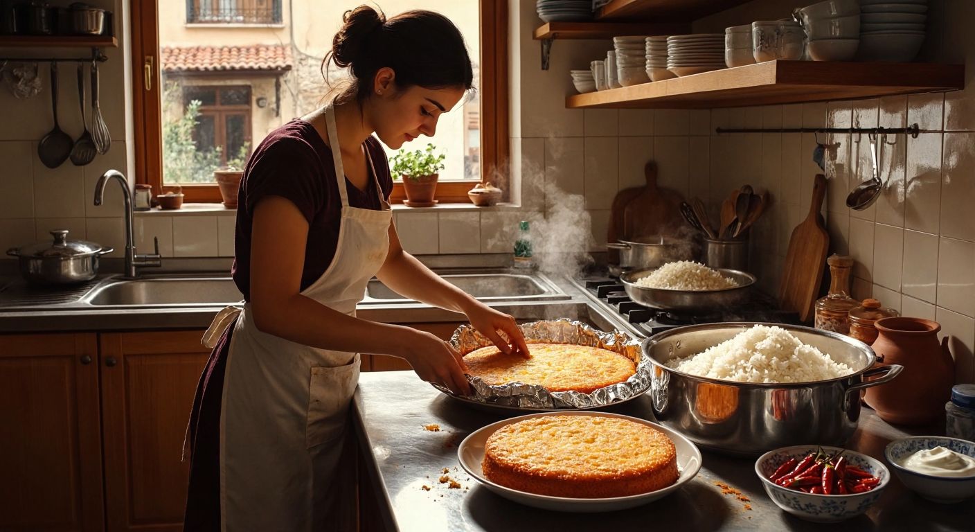 A warm Turkish kitchen with a woman in an apron carefully salvaging a golden-brown cake by covering it with aluminum foil, while a pot of rice cools in a sink filled with water, and a bowl of yogurt sits nearby to balance spicy flavors.