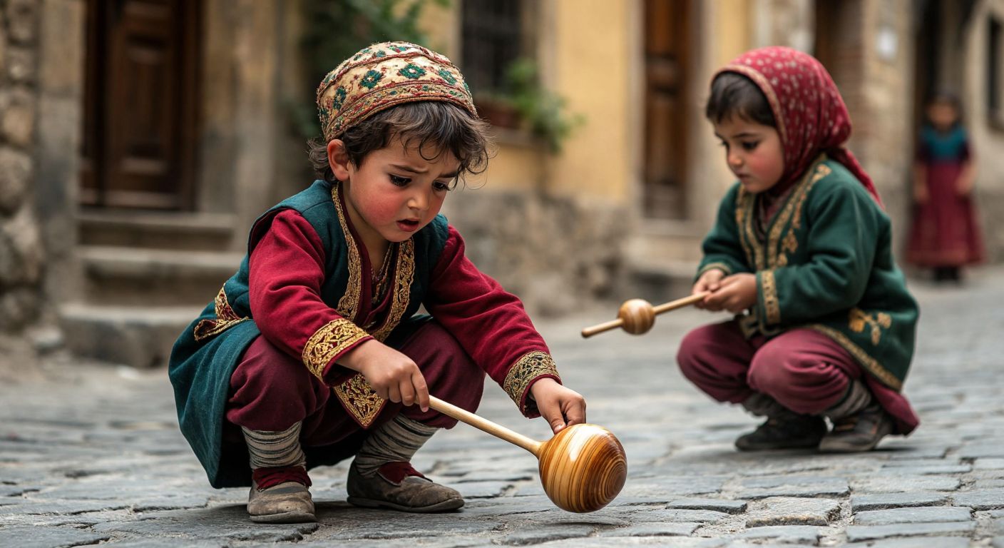 A frustrated child in traditional Turkish clothing crouches on a cobblestone street, holding a wooden top with a dull tip, while another child demonstrates the correct spinning technique nearby.