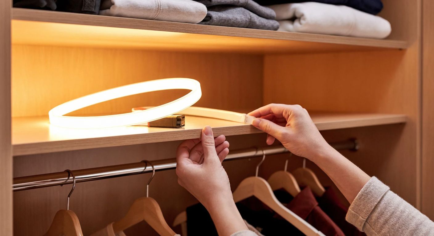 A person’s hands carefully installing a flexible LED strip inside a wooden cabinet, with warm light glowing softly against neatly arranged clothes and shelves.