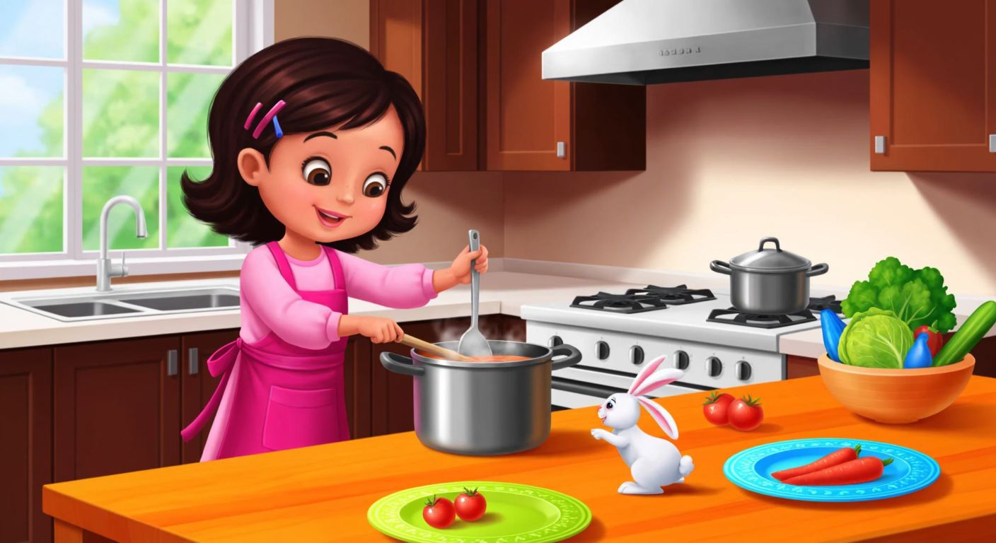A cheerful young girl with dark hair and a pink dress stands in a bright kitchen, carefully stirring a pot on the stove while a small white rabbit watches eagerly from a wooden table set with colorful plates and fresh ingredients.