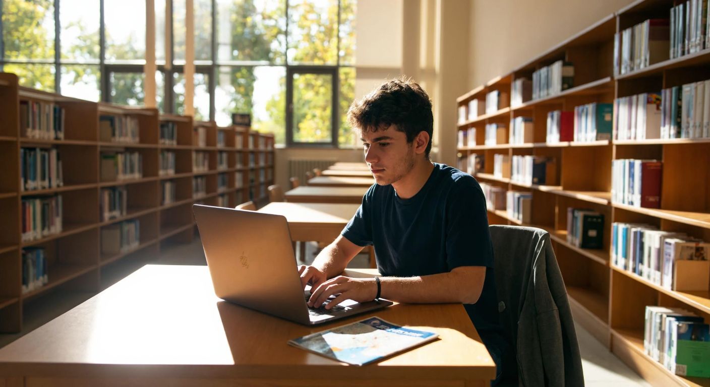 A young student in casual clothing sits at a wooden desk in a sunlit university library in İzmir, typing on a laptop with a focused expression, while a campus map and a student ID card lie beside them.