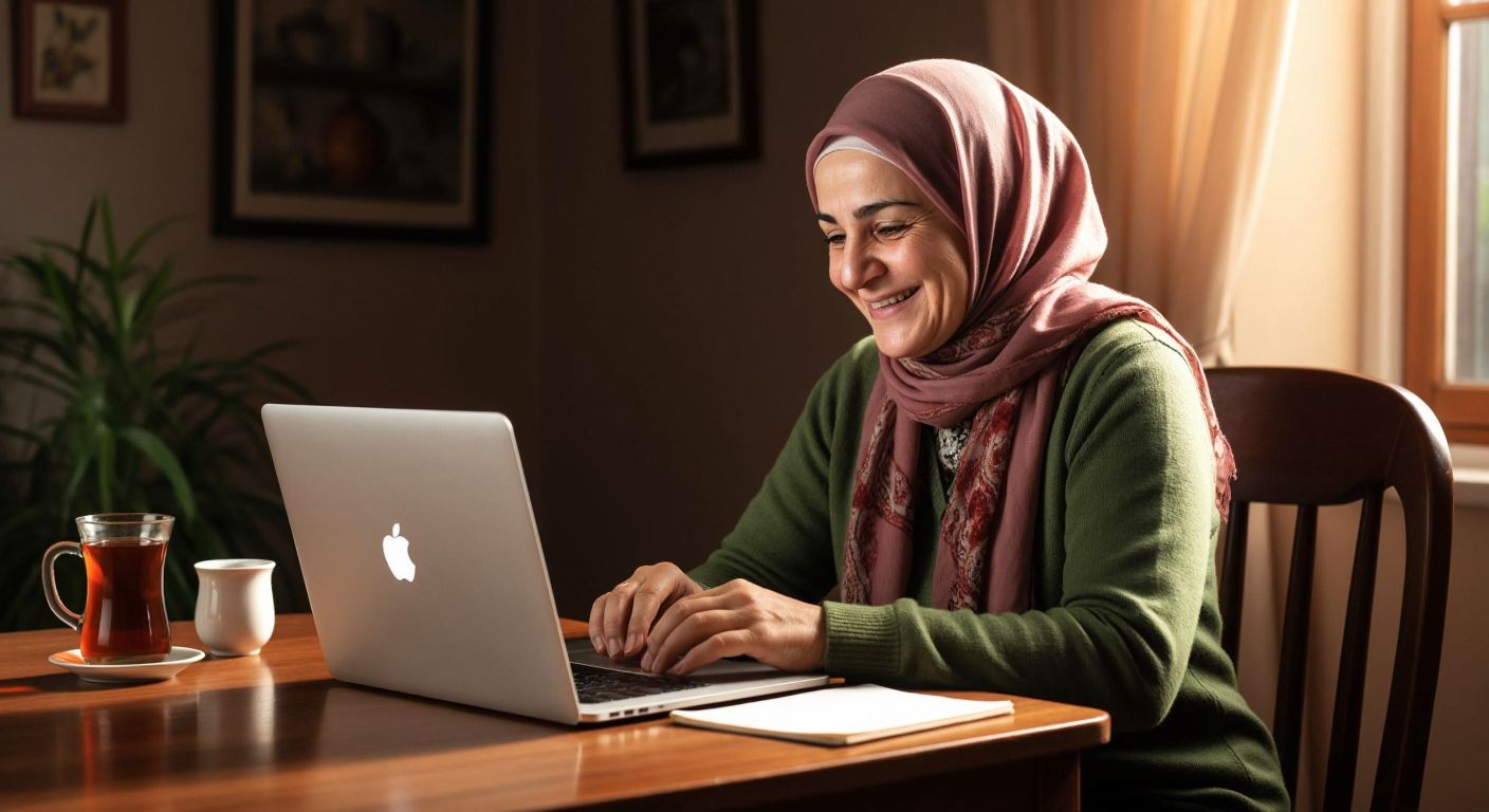 A middle-aged Turkish woman in a headscarf sits at a wooden table with a laptop, smiling with relief as she checks her bank balance on the screen, while a steaming cup of Turkish tea sits beside her.