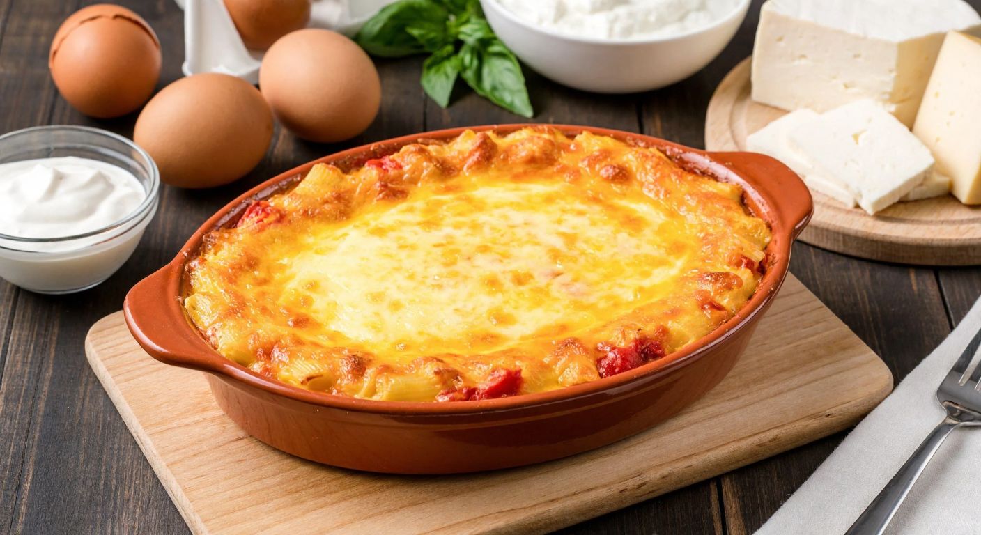 A golden-brown baked pasta dish in a traditional Turkish ceramic baking dish, topped with melted kasar cheese and surrounded by fresh ingredients like eggs, yogurt, and blocks of tulum cheese on a rustic wooden table.