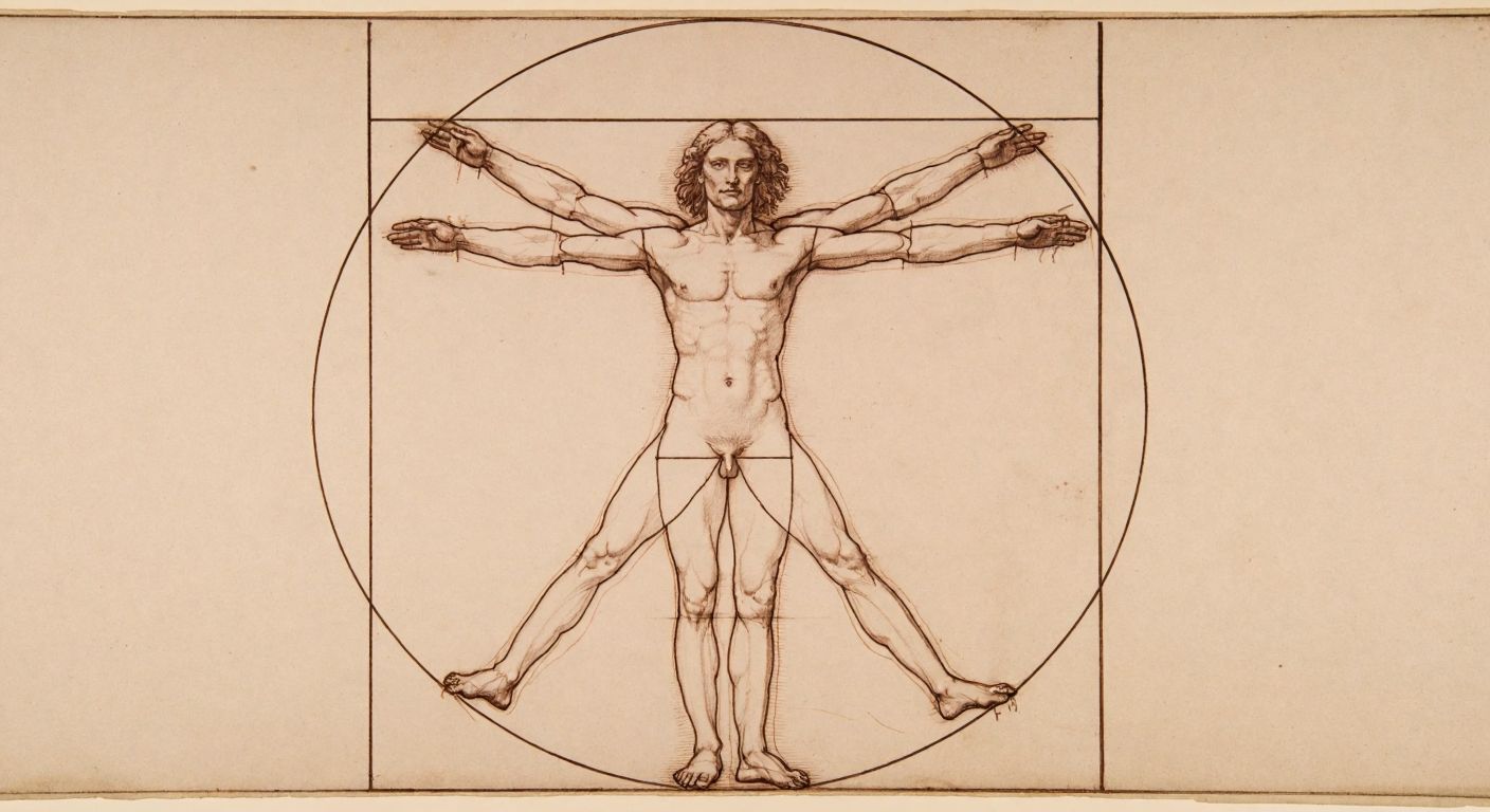 A detailed pencil sketch of a nude male figure with outstretched limbs, perfectly inscribed within a circle and square on aged parchment, embodying the harmony of the golden ratio.