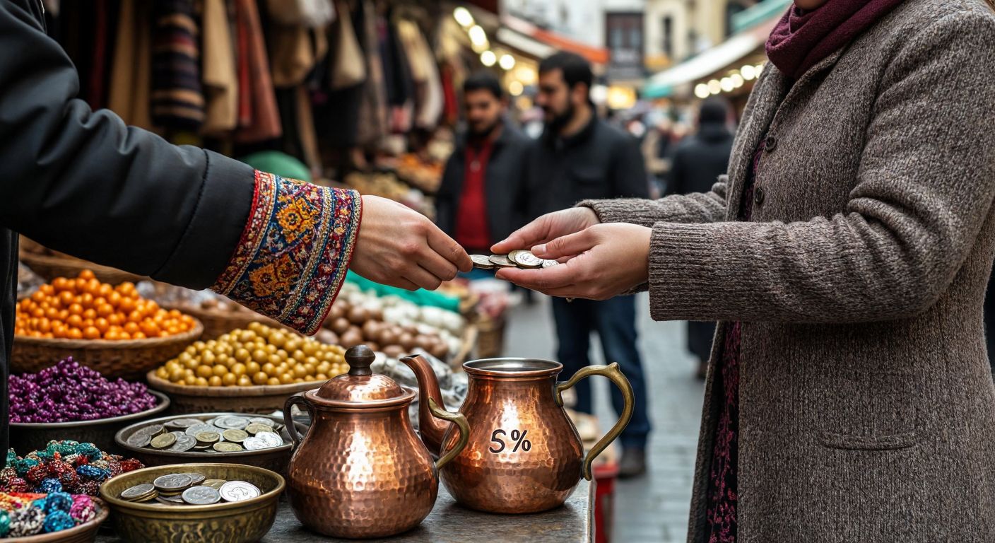 A bustling Turkish marketplace with a vendor handing a colorful secondhand item to a buyer, both exchanging coins with a small percentage symbol subtly reflected in a nearby polished copper teapot.