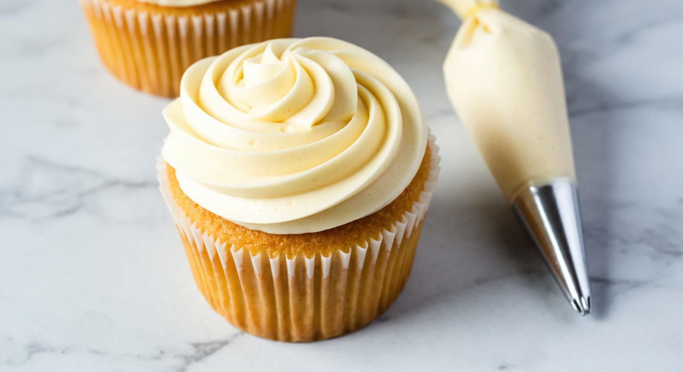 A smooth, glossy Swiss buttercream piped in elegant swirls atop a golden cupcake, with a pastry bag and decorative tip resting beside it on a marble counter.