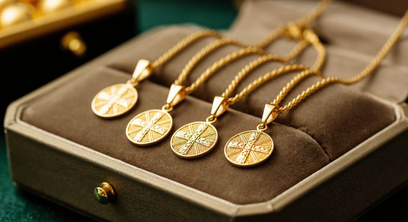 A close-up of a gleaming gold necklace with five intricately linked pendants, resting on a velvet-lined jewelry box in a softly lit Turkish goldsmith’s shop, evoking both elegance and financial security.