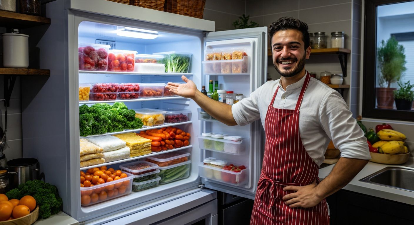 A frost-covered freezer in a Turkish kitchen, filled with neatly stacked frozen vegetables, fruits, and pre-prepared dishes like börek, while a smiling home cook in an apron gestures toward it with pride.