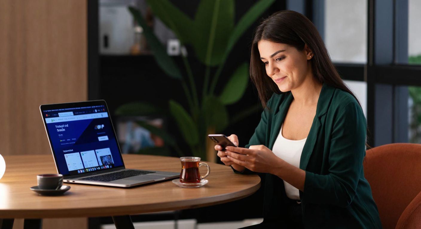 A Turkish woman in a modern home setting confidently uses her smartphone while sitting at a wooden table, with a laptop open displaying a banking app and a cup of Turkish tea beside her.