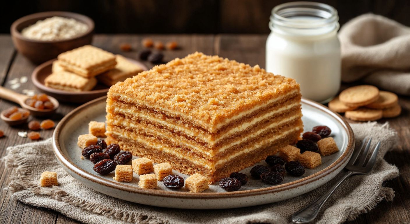 A golden-brown layered dessert (Jent) on a ceramic plate, surrounded by scattered ingredients like roasted wheat, raisins, crumbled biscuits, and a jar of milk jam, evoking the rich flavors of Kazakh cuisine.