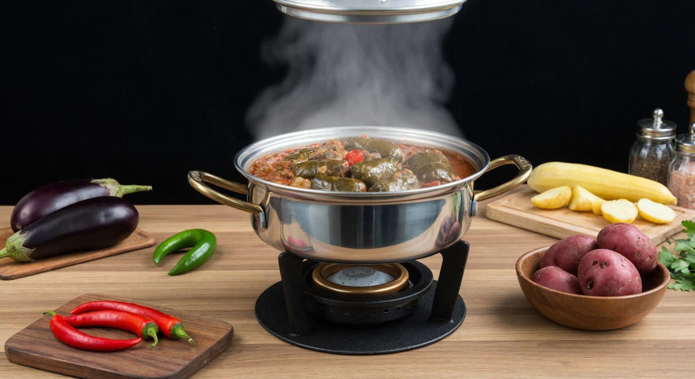 A steaming pot of dolma on a Turkish stove, topped with a ceramic plate and a smooth river stone, surrounded by sliced eggplants, peppers, and potatoes on a wooden counter.