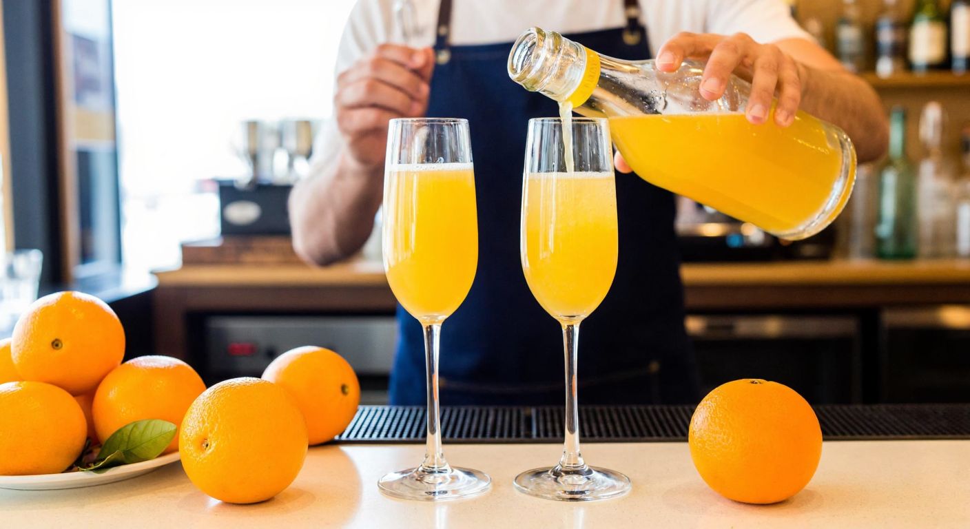 A bartender in a lively Çiğli café prepares two versions of a Mimosa cocktail—one with sparkling wine and orange juice in a champagne flute, and another alcohol-free version in a similar glass, surrounded by fresh oranges and a vibrant café setting.