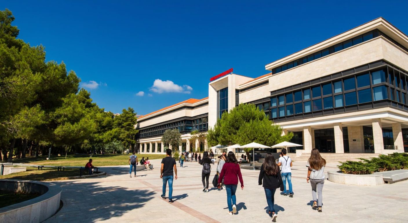 A modern university campus in Izmir with students walking past a grand academic building under a bright blue sky, reflecting the pride of a public institution.