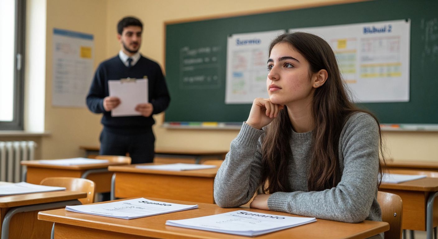 A Turkish high school student in a classroom, looking thoughtfully at two different physics exam papers labeled "Scenario 1" and "Scenario 2" on a wooden desk, with a teacher in the background pointing to a bulletin board displaying a syllabus chart.
