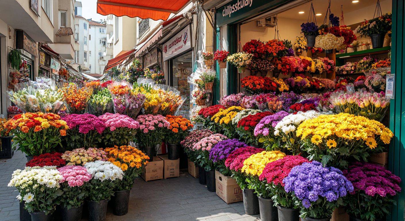 A vibrant Turkish marketplace with two distinct flower stalls—one overflowing with diverse, colorful bouquets (ÇiçekSepeti) and the other offering a smaller, varied selection (Hepsiburada)—while customers compare them with curious expressions.