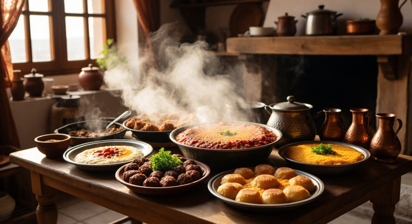 A rustic wooden table in a cozy village home in Kırşehir, laden with steaming plates of Kırşehir köftesi, çullama, keşkek, tandır kebabı, and höşmerim tatlısı, surrounded by warm, inviting light and the aroma of traditional Turkish cuisine.
