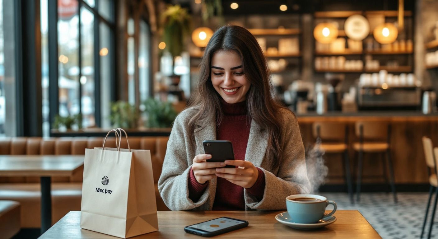 A Turkish woman in a modern café smiles while tapping her phone screen, with a small shopping bag and a steaming cup of Turkish coffee beside her, symbolizing secure digital payments through Meta Pay.