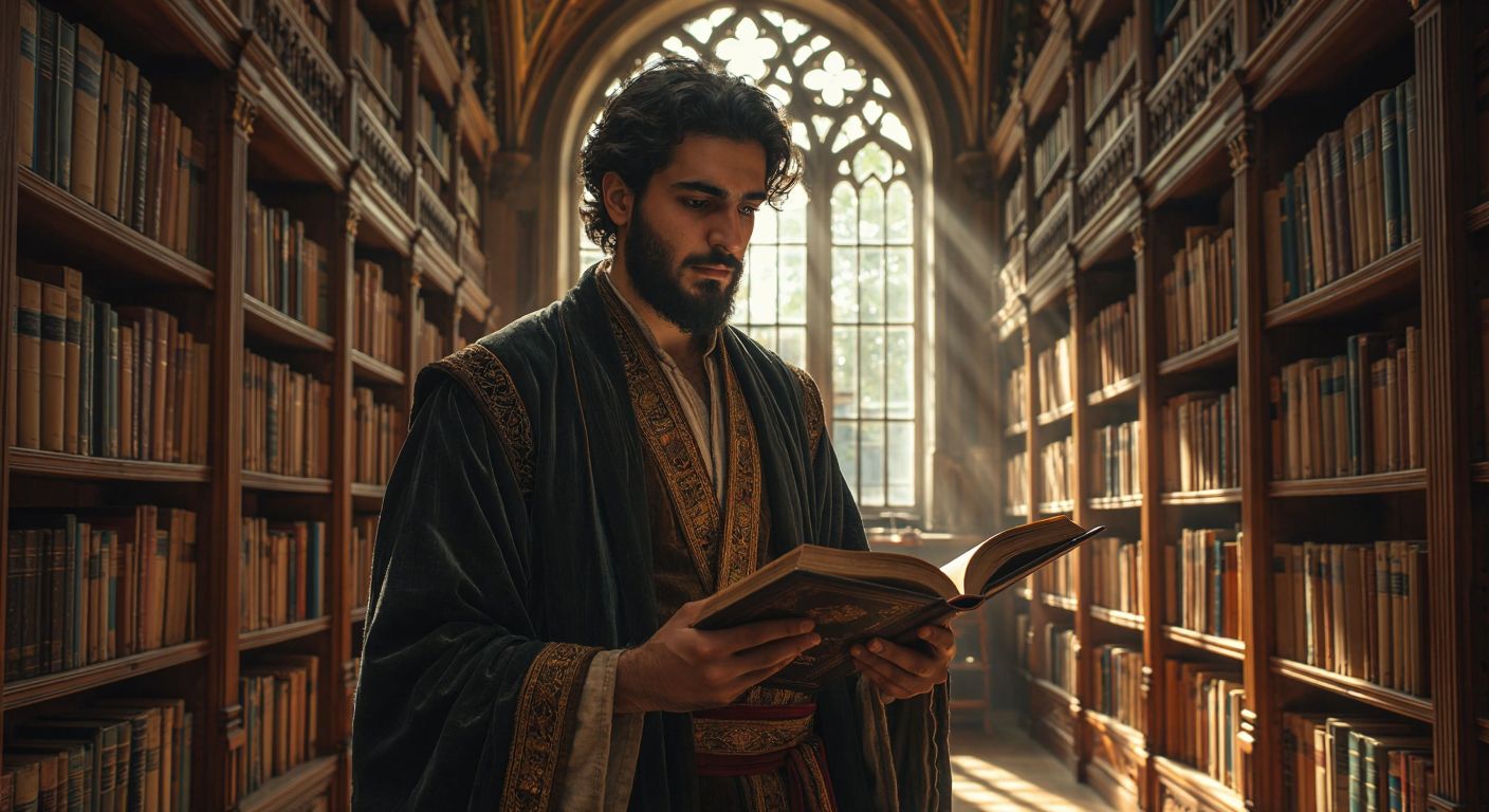 A thoughtful Turkish scholar in a sunlit library, surrounded by towering bookshelves and holding an open book, with a focused expression as if explaining a complex idea.