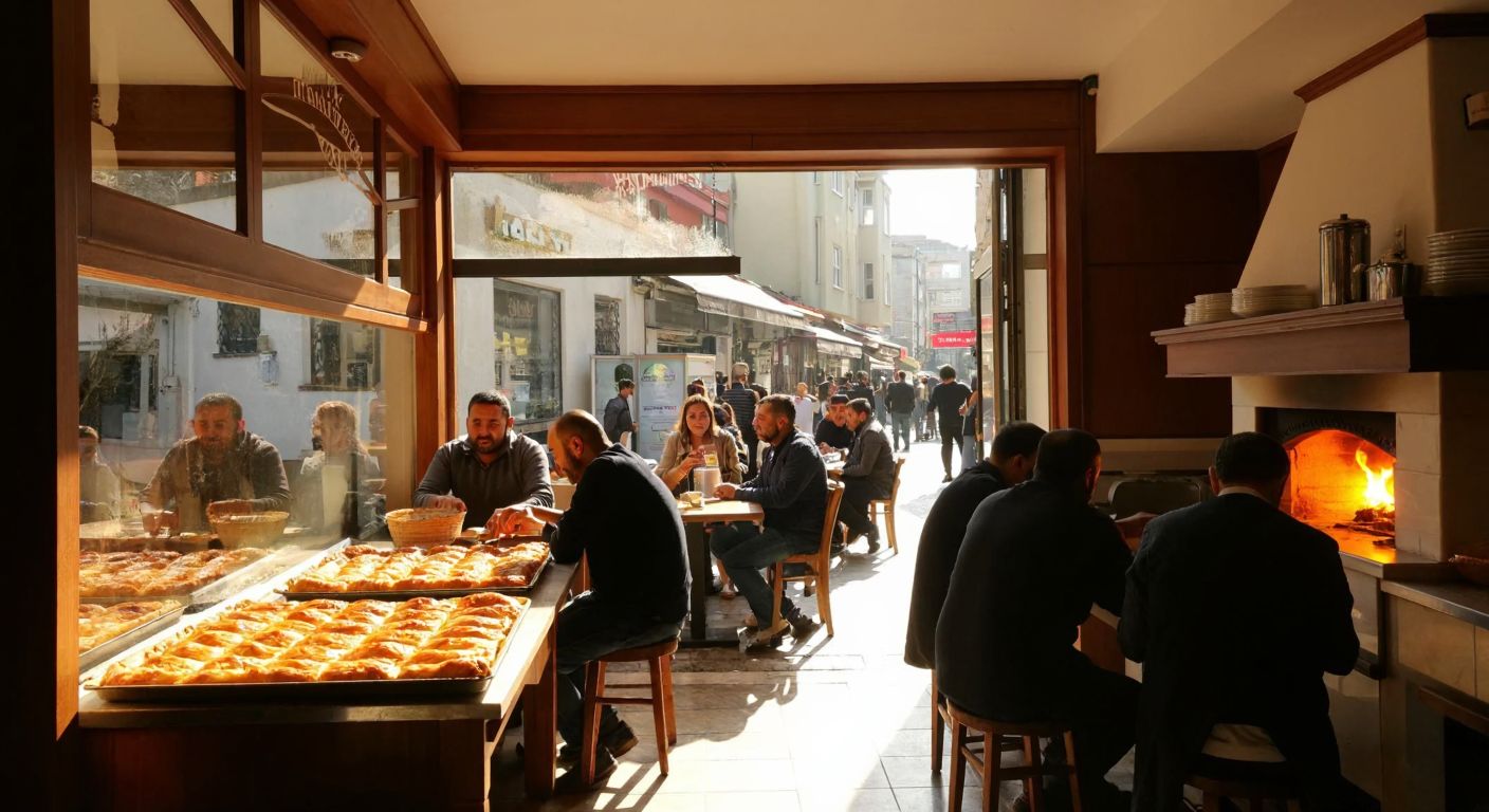 A bustling bakery in Sarıyer, Istanbul, with golden trays of flaky börek steaming in the window, locals chatting at wooden tables, and a warm glow from the oven illuminating the chef’s flour-dusted hands.