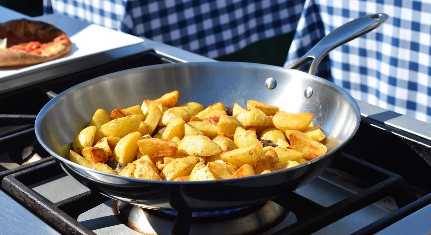 A shiny stainless steel frying pan sizzling with golden-brown Turkish-style fried potatoes, resting on a stovetop in a sunlit Turkish kitchen with a checkered blue-and-white tablecloth in the background.