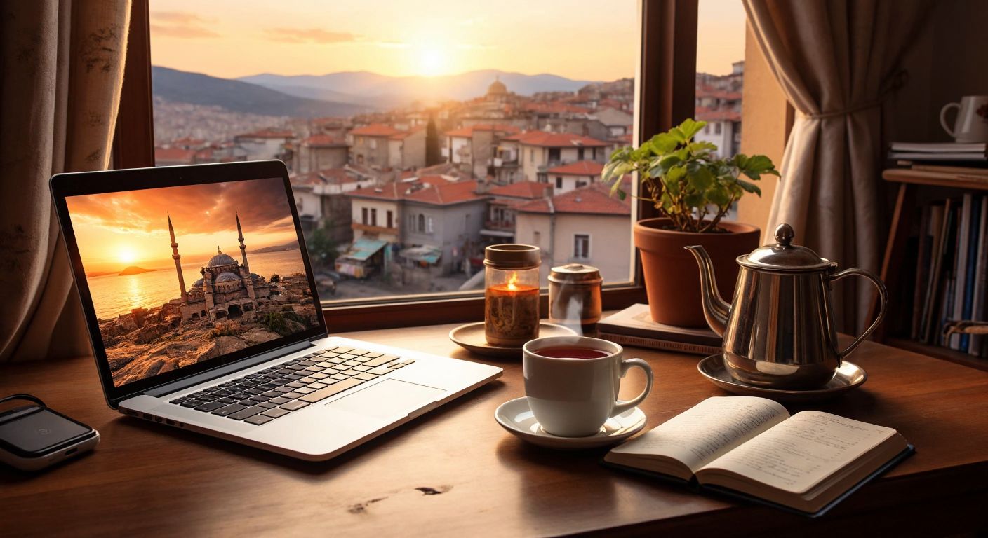 A cozy Turkish home office with a laptop, a steaming cup of çay, and a notebook filled with creative ideas, symbolizing remote work opportunities like freelancing and e-commerce.