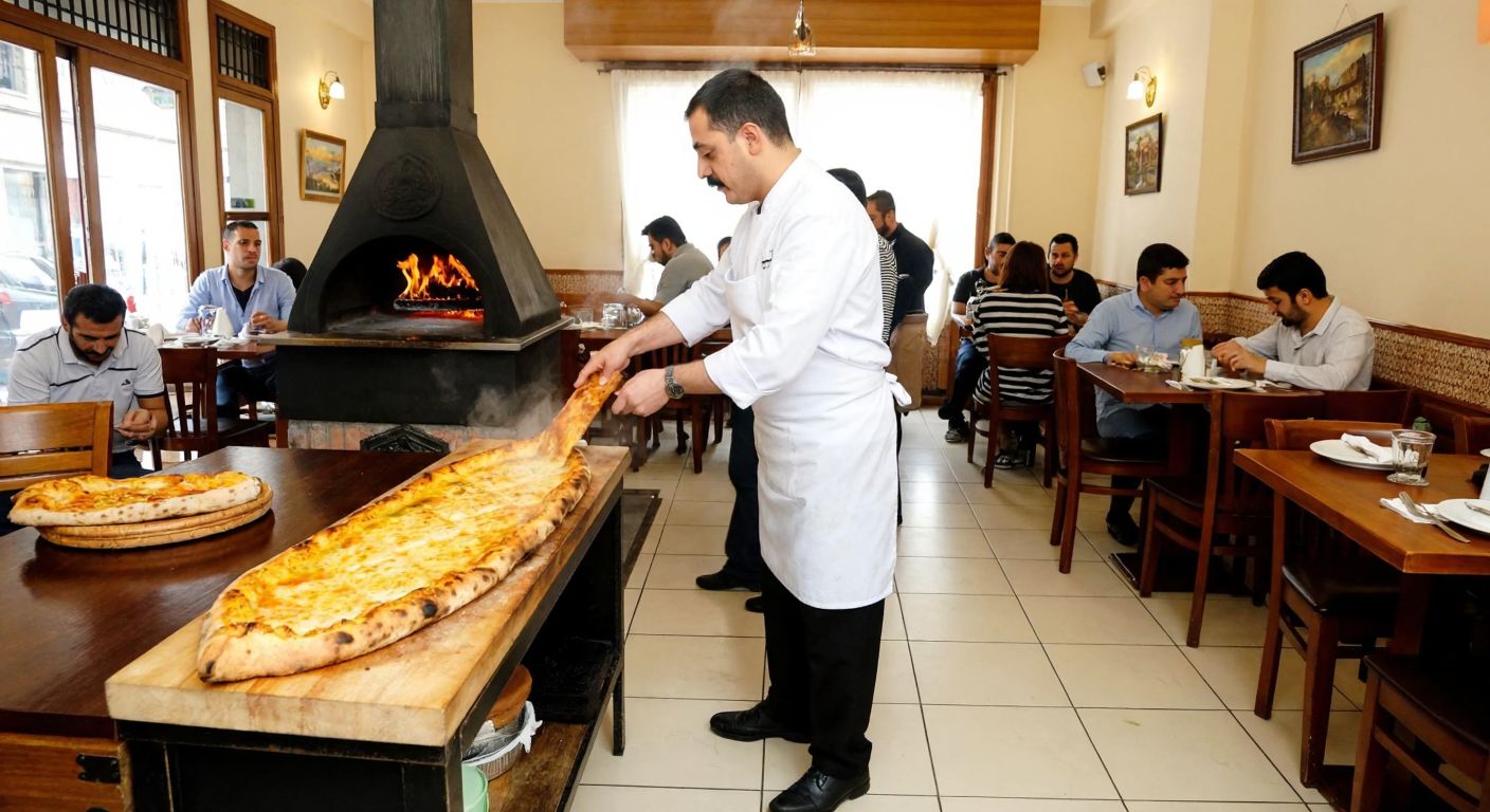 A bustling traditional pide restaurant in Fatih, with a mustachioed chef in a white apron sliding a golden, steaming Karadeniz pide out of a wood-fired oven, surrounded by eager customers at wooden tables.