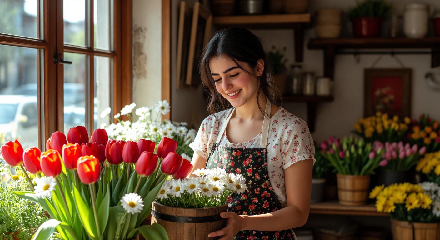 A young woman with dark hair and a warm smile, wearing a floral apron, carefully arranges vibrant red tulips and white daisies in a rustic wooden bucket inside a cozy Turkish flower shop with sunlight streaming through the window.
