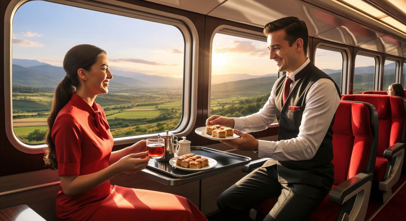 A smiling attendant in a crisp uniform serves a tray of Turkish tea and baklava to a well-dressed passenger in a spacious, modern train cabin with large windows showcasing rolling countryside.
