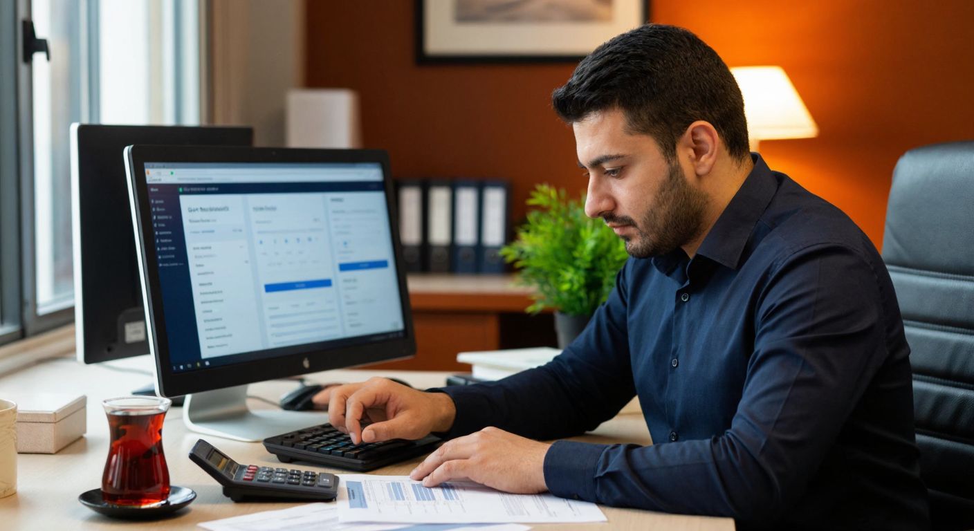 A focused Turkish accountant in a tidy office, carefully reviewing financial documents on a computer screen displaying Luca accounting software, with a calculator and a steaming cup of Turkish tea nearby.