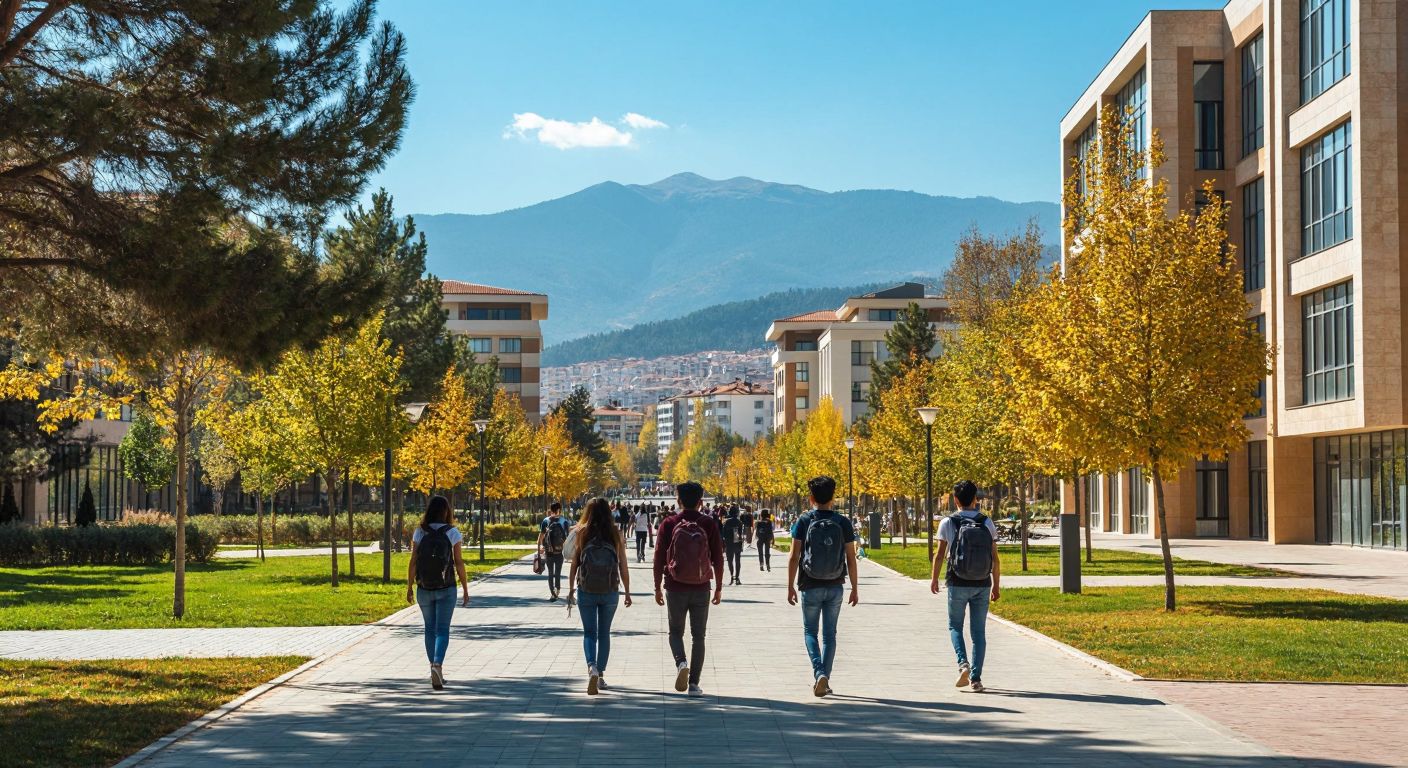 A sunlit university campus in Adana with modern academic buildings, young students carrying backpacks walking along tree-lined pathways, and the distant silhouette of the Taurus Mountains under a bright blue sky.