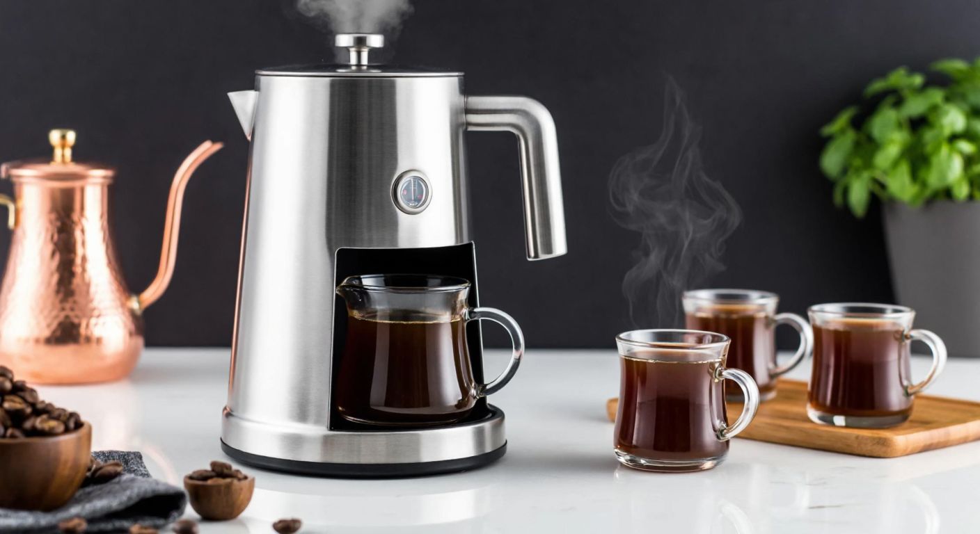 A sleek stainless steel Turkish coffee machine with a polished finish sits on a countertop, steam rising from its spout, surrounded by small cups of rich, dark Turkish coffee and a traditional copper cezve.